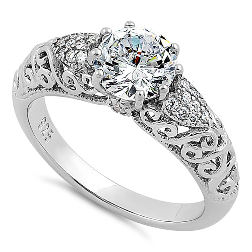 Sterling Silver Majestic Filigree Round Cut CZ Engagement Ring