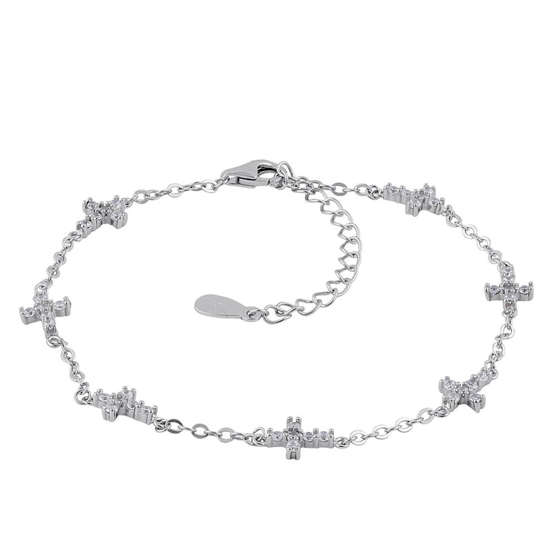 Sterling Silver Clear CZ Cross Charm Bracelet