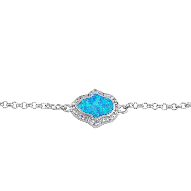 Sterling Silver Clear CZ and Blue Opal Hamsa Bracelet