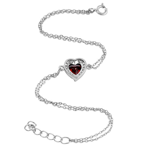 Sterling Silver Dark Garnet and Clear CZ Heart Halo Bracelet