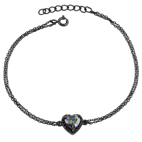 Sterling Silver Rainbow and Black CZ Heart Halo Black Rhodium Plated Bracelet