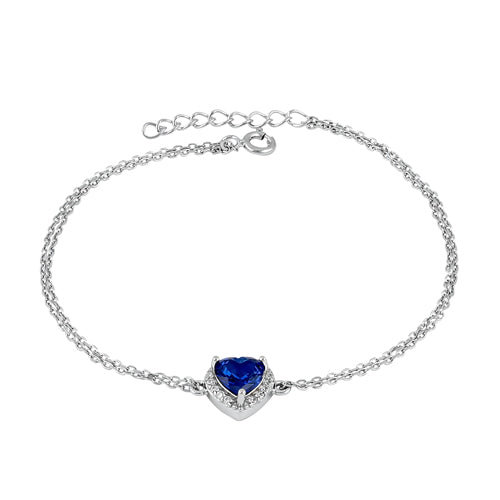 Sterling Silver Blue and Clear CZ Heart Halo Bracelet