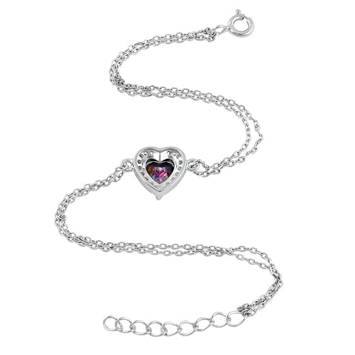 Sterling Silver Rainbow and Clear CZ Heart Halo Bracelet