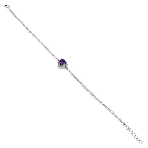 Sterling Silver Amethyst and Clear CZ Heart Halo Bracelet