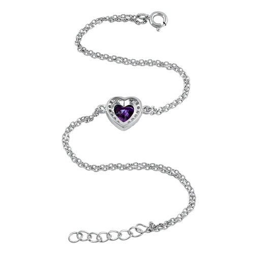 Sterling Silver Amethyst and Clear CZ Heart Halo Bracelet