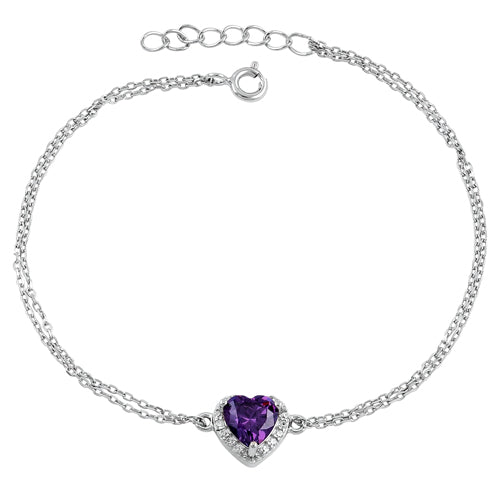 Sterling Silver Amethyst and Clear CZ Heart Halo Bracelet