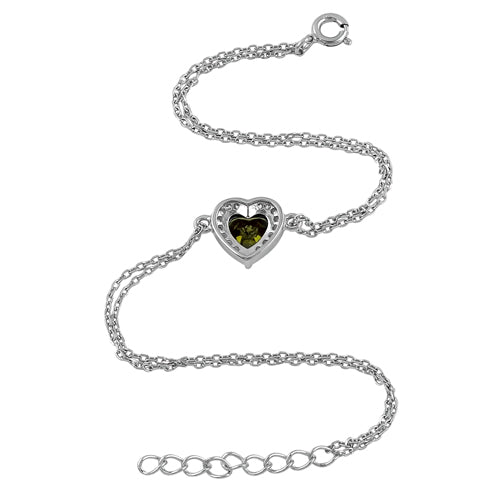 Sterling Silver Peridot and Clear CZ Heart Halo Bracelet