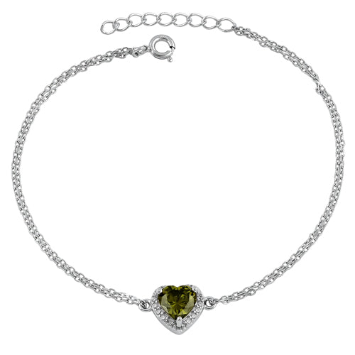 Sterling Silver Peridot and Clear CZ Heart Halo Bracelet
