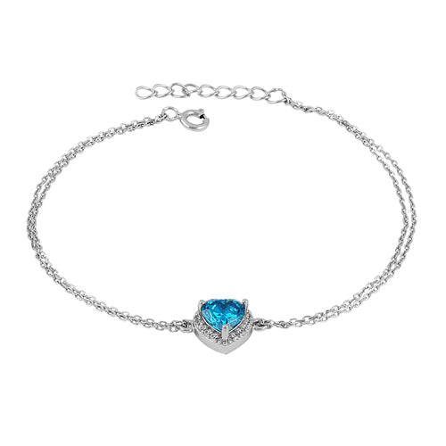 Sterling Silver Blue Topaz and Clear CZ Heart Halo Bracelet