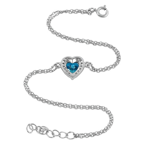 Sterling Silver Blue Topaz and Clear CZ Heart Halo Bracelet