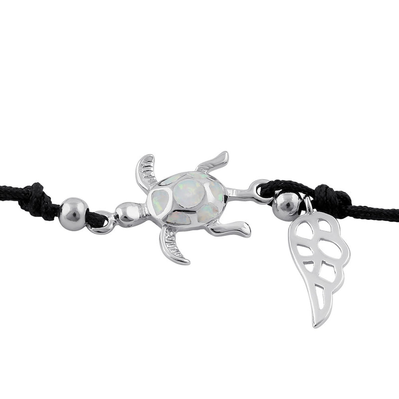 Sterling Silver Winged White Lab Opal Turtle Adjustable Silk Bracelet