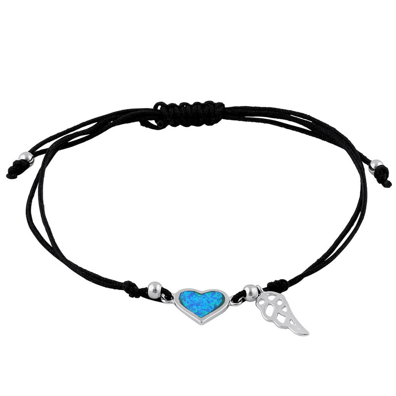 Sterling Silver Winged Blue Lab Opal Heart Adjustable Silk Bracelet