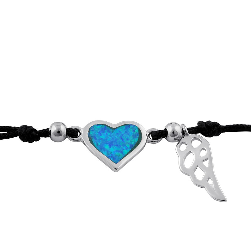 Sterling Silver Winged Blue Lab Opal Heart Adjustable Silk Bracelet