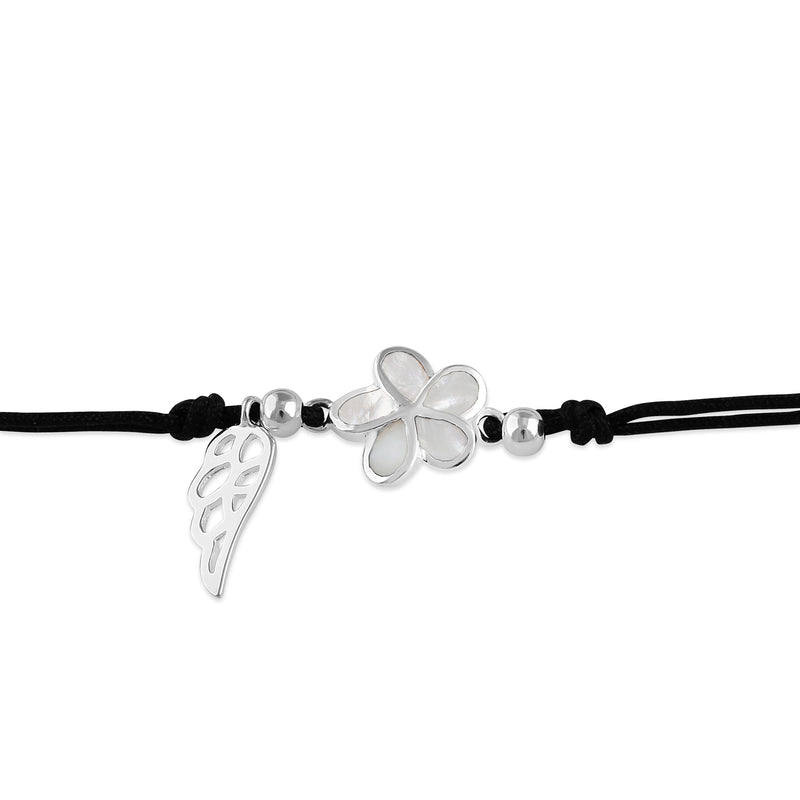 Sterling Silver Winged Mother of Pearl Plumeria Adjustable Silk Bracelet
