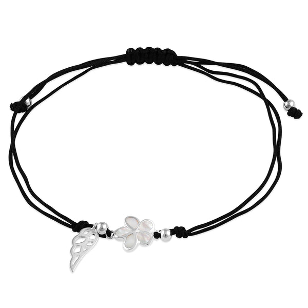 Sterling Silver Winged Mother of Pearl Plumeria Adjustable Silk Bracelet