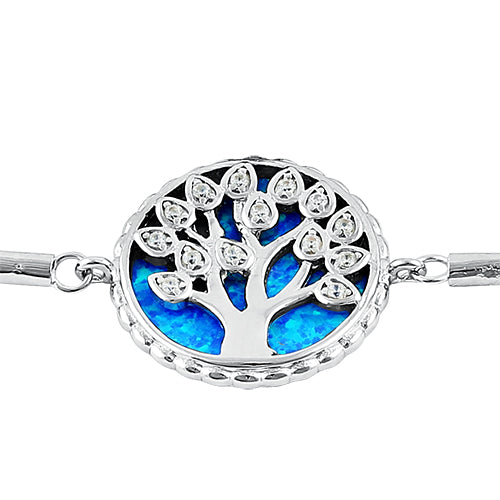 Sterling Silver Adjustable Tree of Life Blue Lab Opal & Clear CZ Box Chain Bracelet