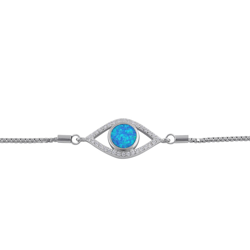 Sterling Silver Clear CZ and Blue Opal Evil Eye Box Bracelet
