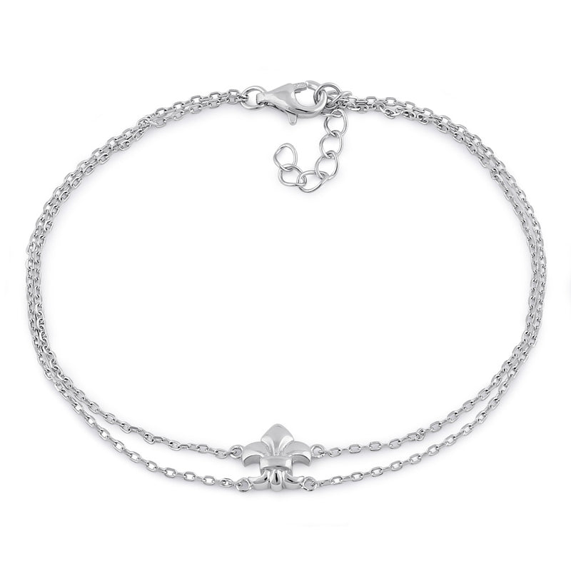 Sterling Silver Fleur De Lies Double Chain Bracelet