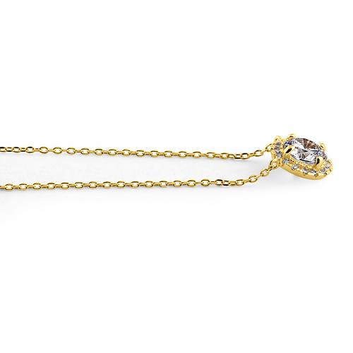 Solid 14K Yellow Gold Round Halo CZ Necklace