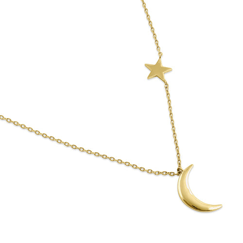 Solid 14K Yellow Gold Crescent Moon & Star Necklace