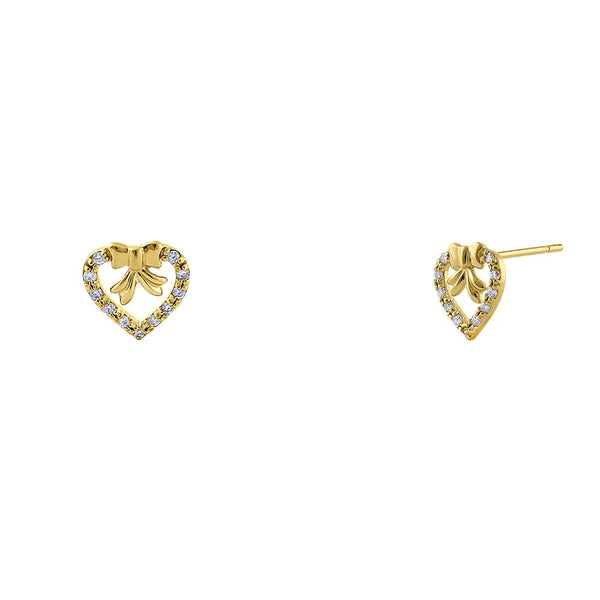 Solid 14K Yellow Gold Ribbon & Heart Diamond Earrings