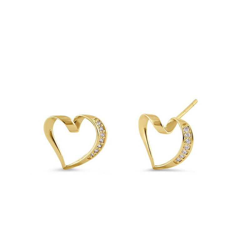 Solid 14K Gold Ribbon Heart Diamond Earrings