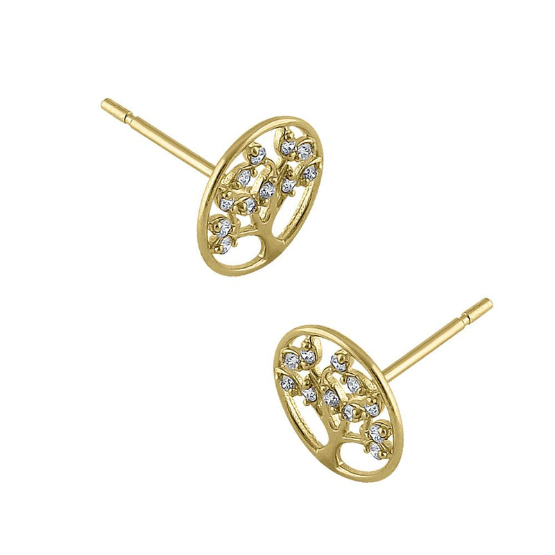 Solid 14K Yellow Gold Tree of Life Diamond Earrings