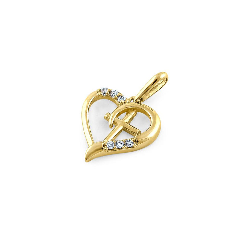 Solid 14K Yellow Gold Heart & Cross Diamond Pendant