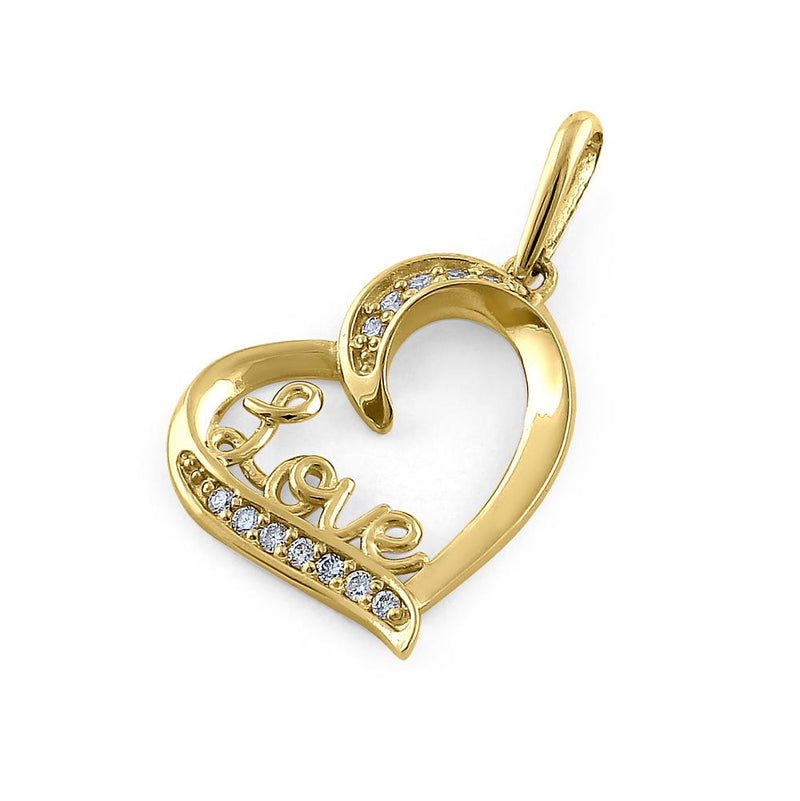 Solid 14K Yellow Gold Love & Heart Diamond Pendant