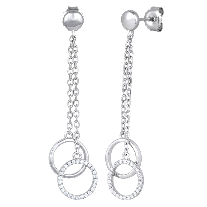 Sterling Silver Double Circle CZ Dangle Earrings