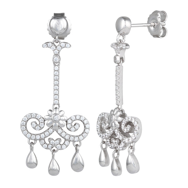 Sterling Silver Flower Chandelier CZ Dangle Earrings