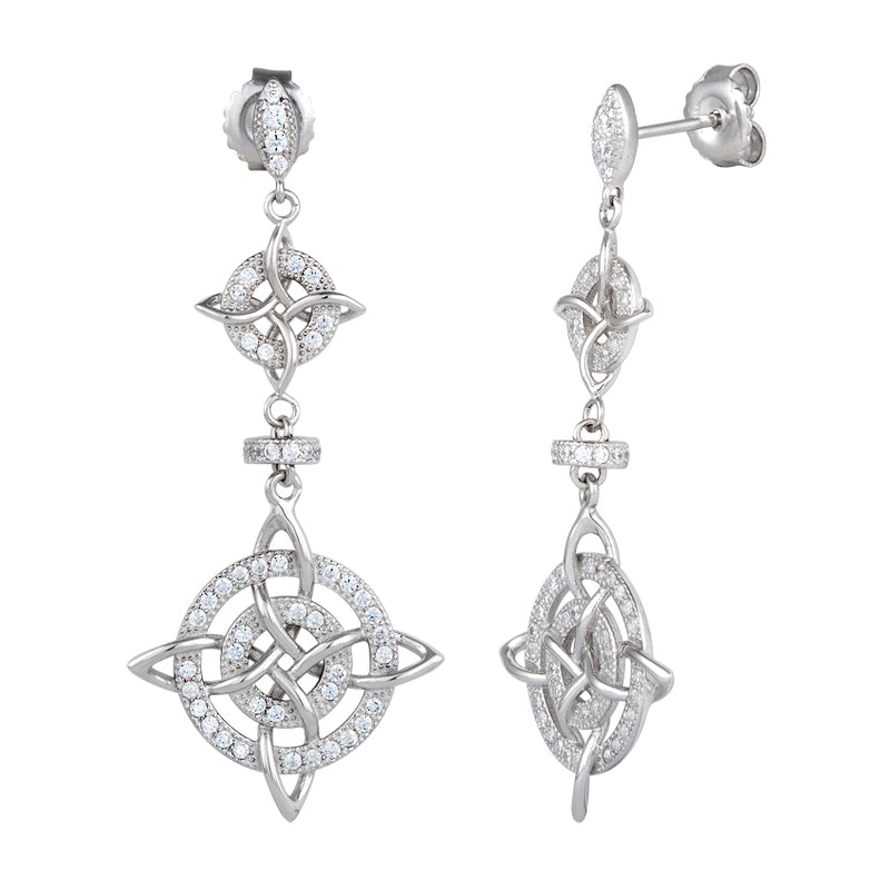 Sterling Silver Double Cross CZ Dangle Earrings