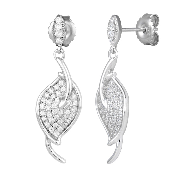 Sterling Silver Big Leaf CZ Dangle Earrings