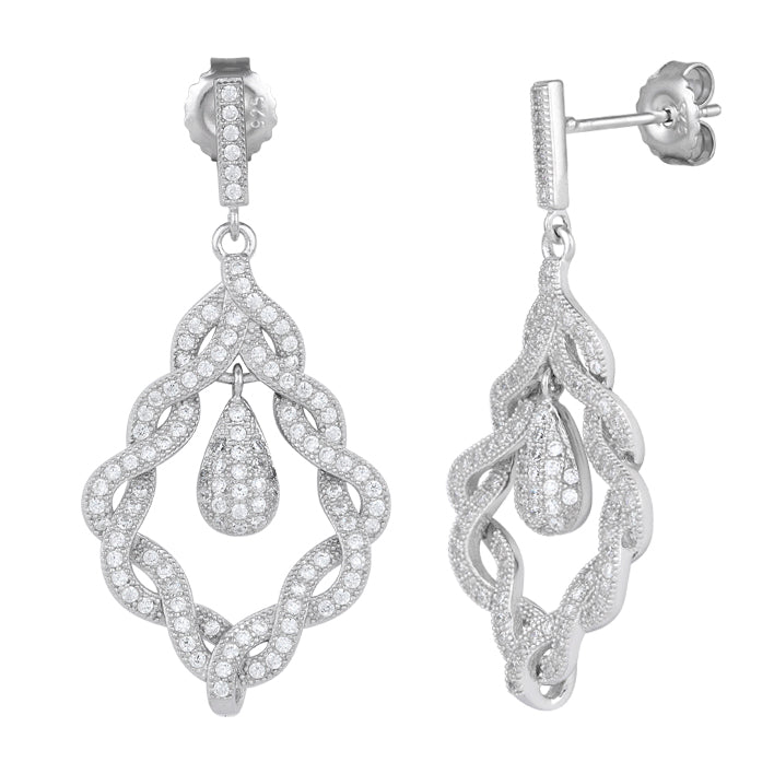 Sterling Silver Twisted Chandelier Drop CZ Dangle Earrings