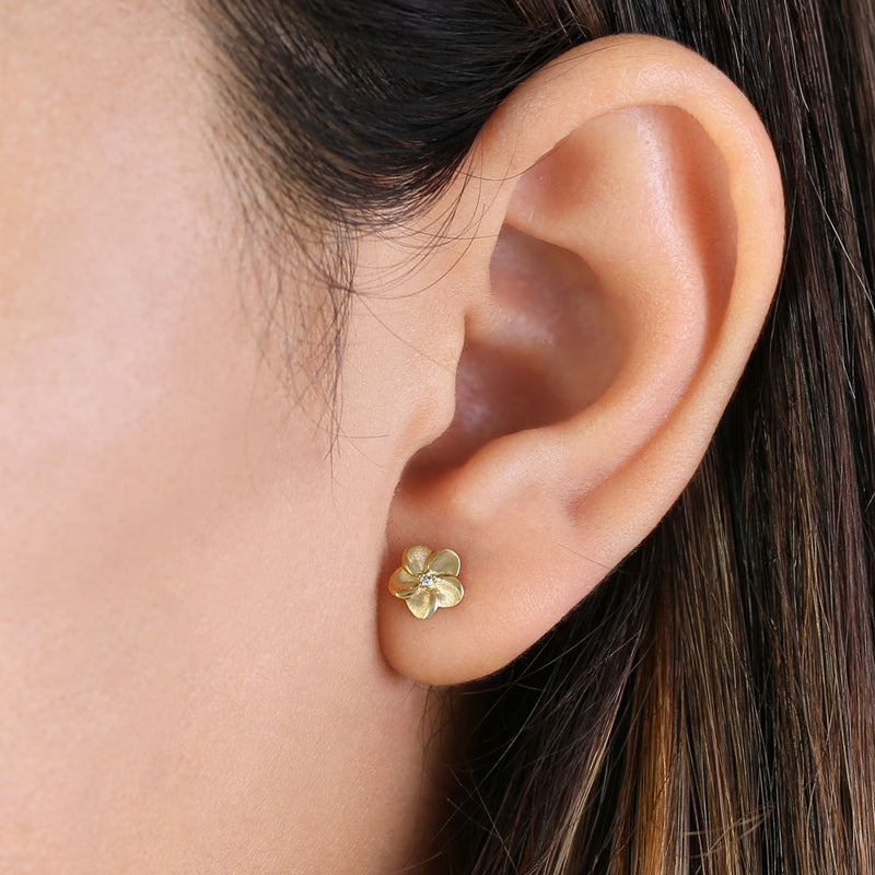 .04 ct Solid 14K Gold Plumeria Diamond Earrings