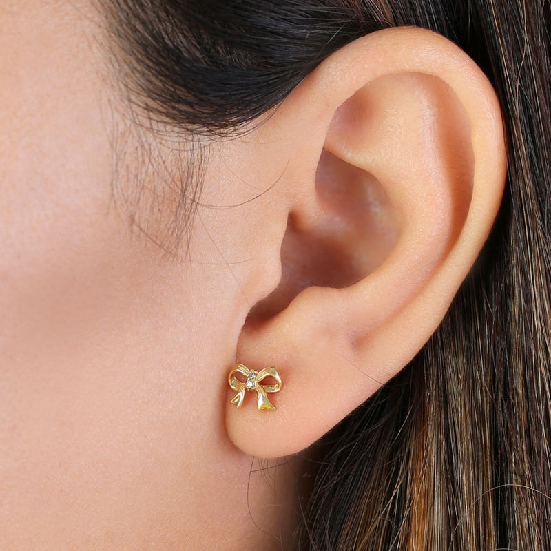 Solid 14K Gold Ribbon Bow Diamond Earrings