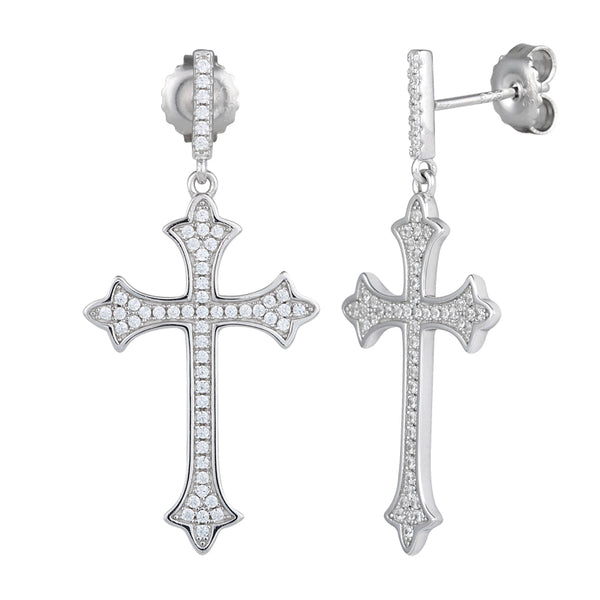Sterling Silver Cross CZ Dangle Earrings