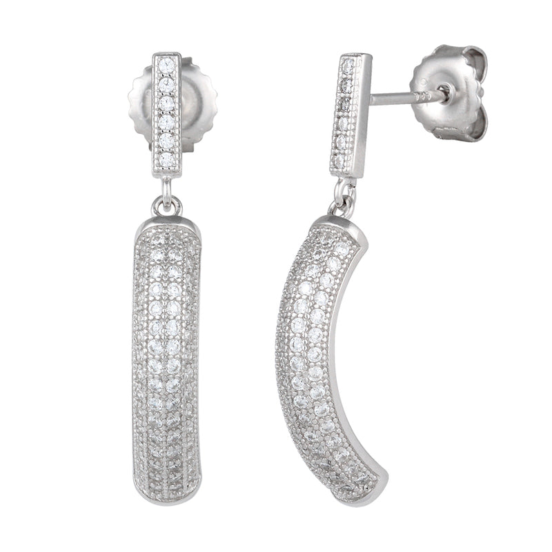 Sterling Silver Pave C Shape CZ Dangle Earrings