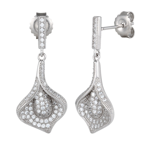 Sterling Silver Pave Flower CZ Dangle Earrings