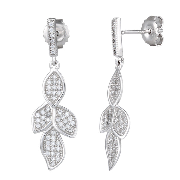 Sterling Silver Pave Leaves CZ Dangle Earrings