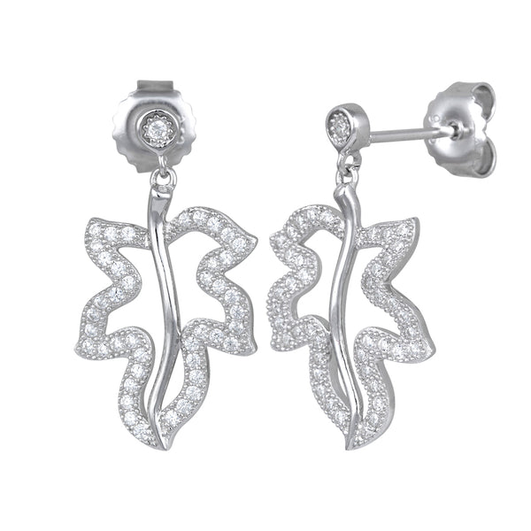 Sterling Silver Leaf CZ Dangle Earrings