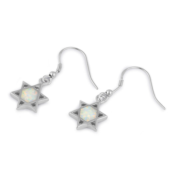 Sterling Silver White Lab Opal Star of David Hook Earrings