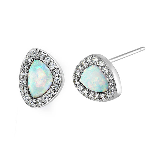 Sterling Silver Small White Lab Opal & Clear CZ Offset Stud Earrings