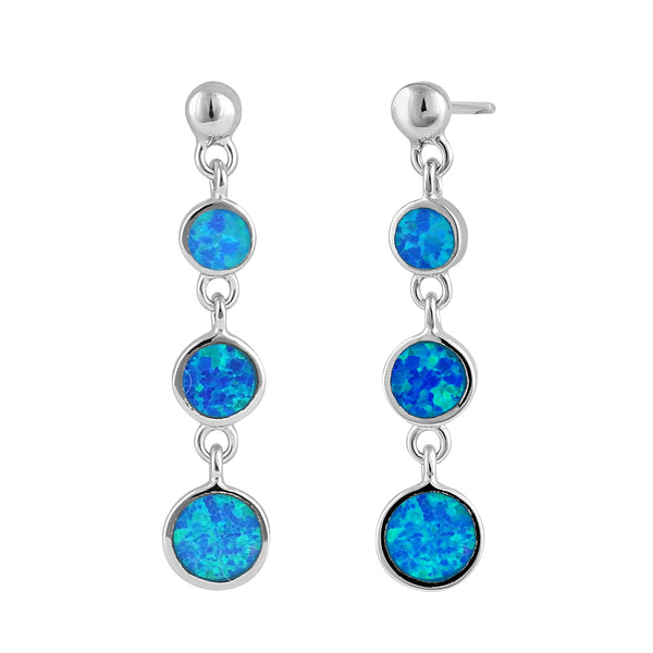 Sterling Silver Blue Lab Opal Round Dangle Earrings