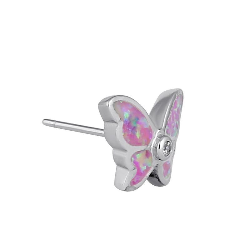 Sterling Silver Pink Lab Opal Butterfly CZ Earrings