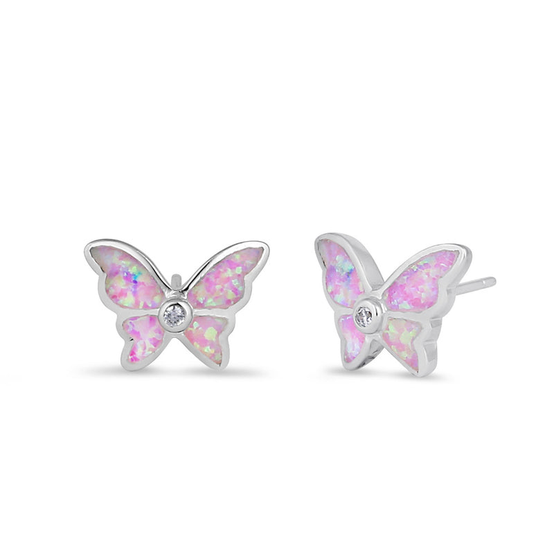 Sterling Silver Pink Lab Opal Butterfly CZ Earrings