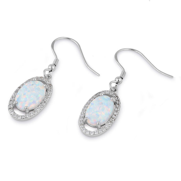 Sterling Silver White Lab Opal & Clear CZ Oval Hook Earrings