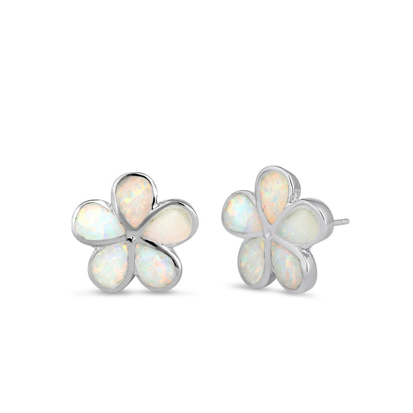 Sterling Silver Flower White Lab Opal Stud Earrings