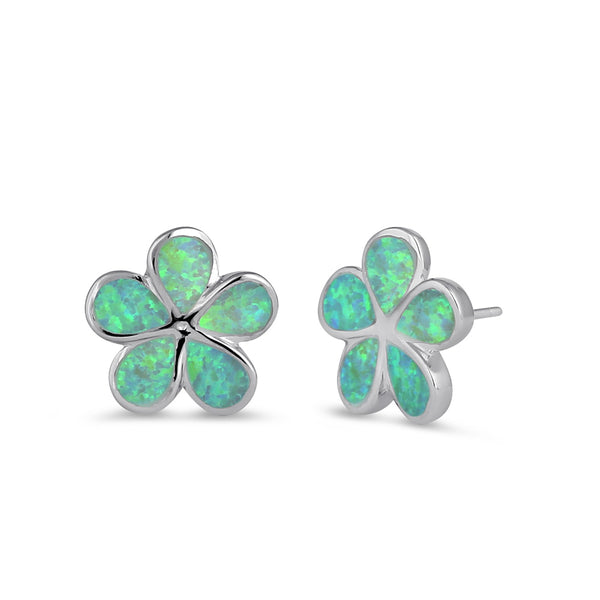 Sterling Silver Flower Green Lab Opal Stud Earrings