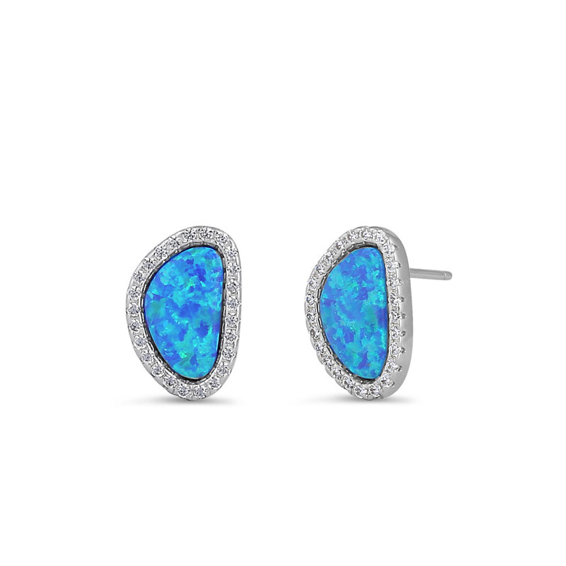 Sterling Silver Blue Lab Opal & Clear CZ Offset Stud Earrings